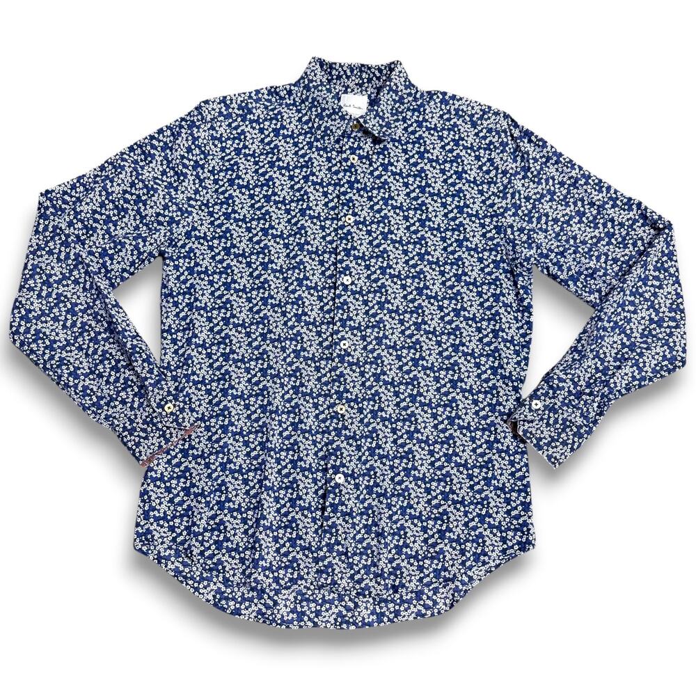 Paul Smith Floral Shirt Blue Long Sleeve Button Down Italy Made Cotton Sz M